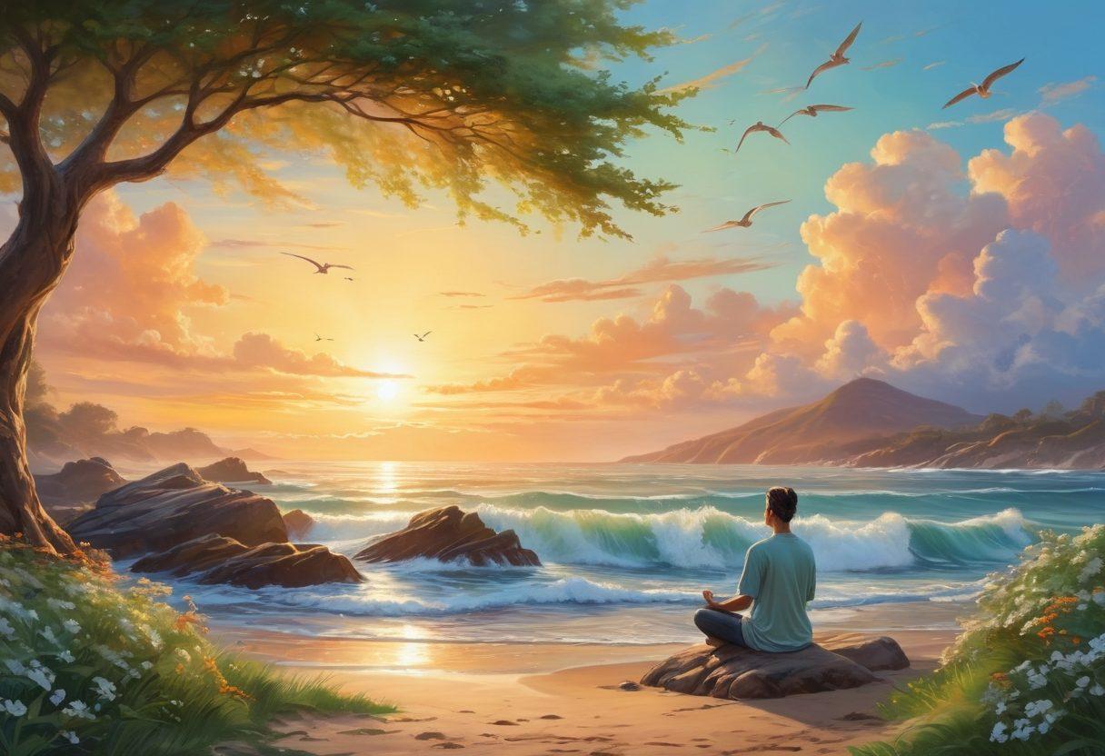 A serene landscape depicting a person meditating under a large, blossoming tree, symbolizing growth and emotional wellness. The background should feature a sunrise, casting warm, empowering light, while soft clouds drift lazily overhead. Incorporate elements like birds soaring and gentle waves lapping nearby, symbolizing freedom and tranquility. Use a harmonious color palette with vibrant greens, soft blues, and warm oranges. super-realistic. vibrant colors. nature-inspired.