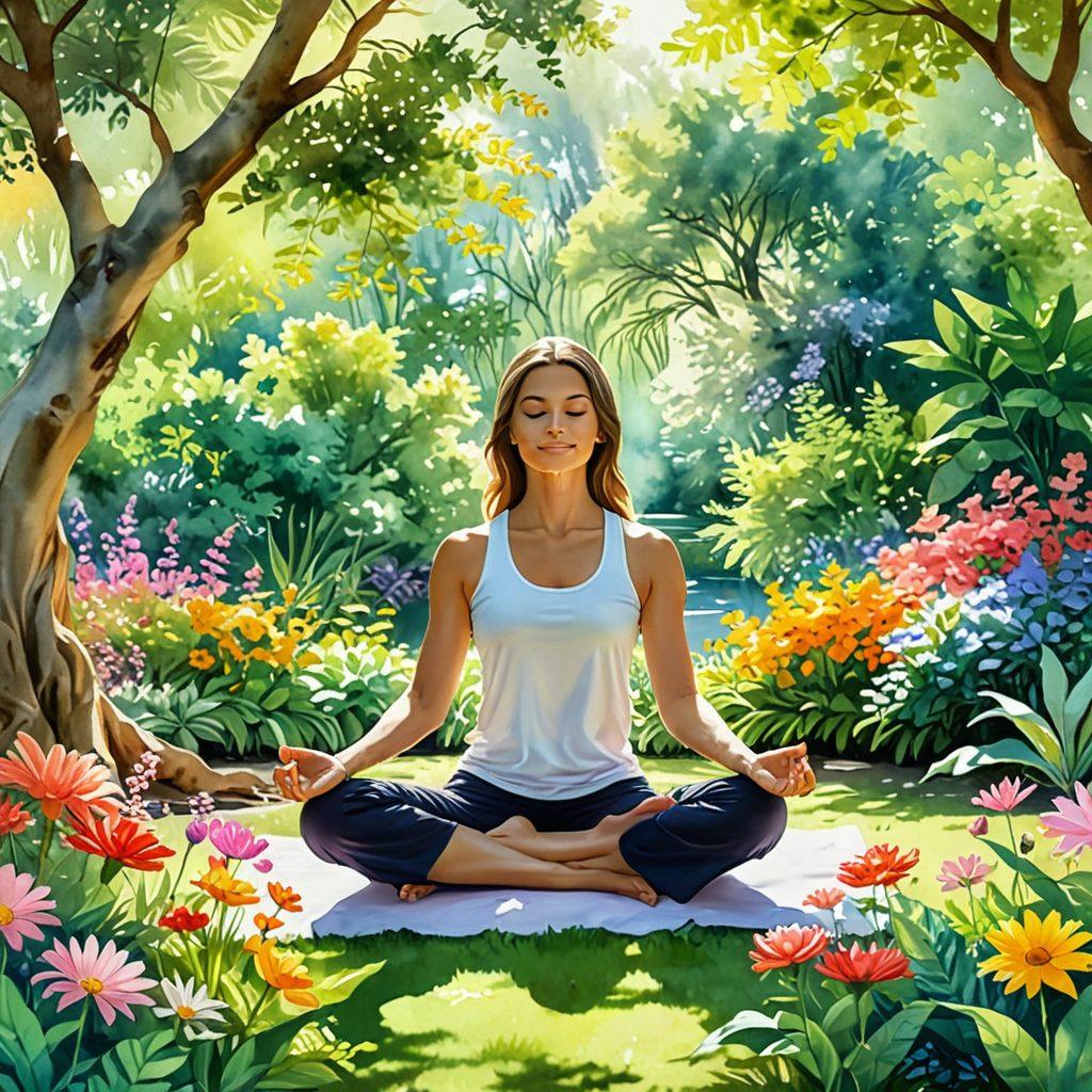 A serene scene featuring a person meditating in a lush green park, surrounded by colorful flowers and gentle streams, symbolizing tranquility and happiness. In the background, bright rays of sunlight pierce through the canopy of trees, illuminating smiling faces of diverse individuals engaging in joyful activities like yoga and laughter. Soft, soothing colors to reflect a peaceful atmosphere. watercolor painting. vibrant and bright hues.