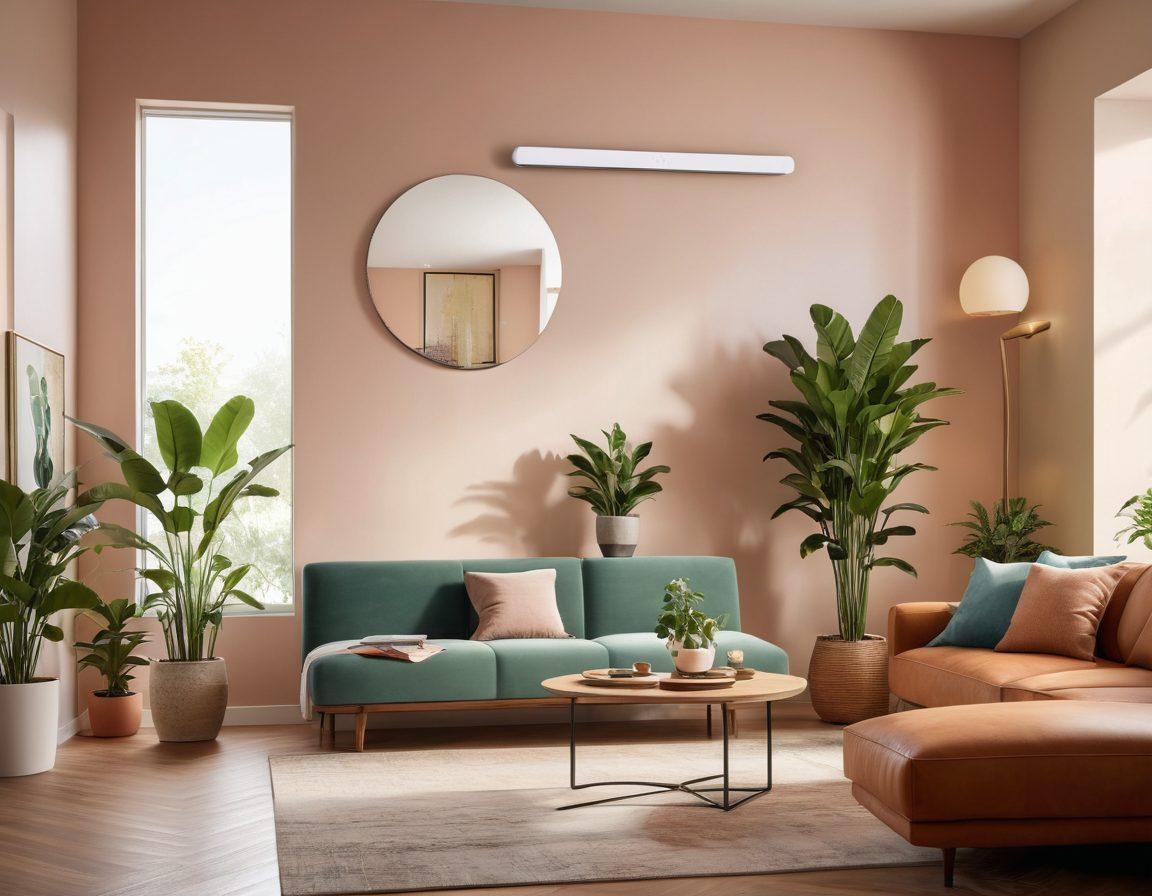 A serene and modern living room filled with smart technologies, like an interactive smart mirror reflecting positive affirmations, a sleek digital assistant displaying mindfulness tips, and a wall-mounted gadget showing uplifting nature scenes. The ambiance is calming with soft lighting and houseplants, evoking feelings of optimism and contentment. People are engaging joyfully with the devices, showcasing a harmonious lifestyle. vibrant colors. super-realistic. warm lighting.